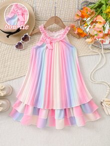 SHEIN Glamorique Kids 女童無袖彩虹條紋分層短洋裝，馬卡龍粉色夏季仙女生日套裝，圓領漸層壓褶洋裝 - 彩色 - 查看 4