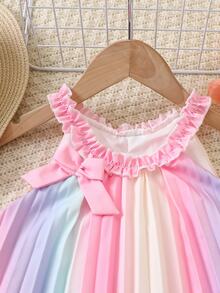 SHEIN Glamorique Kids 女童無袖彩虹條紋分層短洋裝，馬卡龍粉色夏季仙女生日套裝，圓領漸層壓褶洋裝 - 彩色 - 查看 11