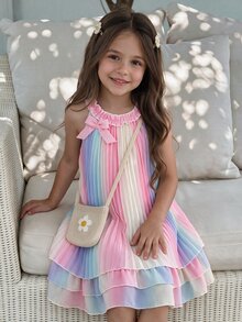 SHEIN Glamorique Kids 女童無袖彩虹條紋分層短洋裝，馬卡龍粉色夏季仙女生日套裝，圓領漸層壓褶洋裝 - 彩色 - 查看 5