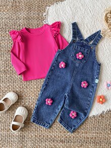 SHEIN Vintaside Kids 2pcs Toddler Girl Top Denim Overalls Cute Sweet Pink Blue 3D Flower Ruffle Flutter Long Sleeve Round Neck Regular Party Fall Elegant Chic Patch - Hot Pink - View 7