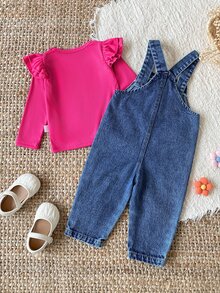 SHEIN Vintaside Kids 2pcs Toddler Girl Top Denim Overalls Cute Sweet Pink Blue 3D Flower Ruffle Flutter Long Sleeve Round Neck Regular Party Fall Elegant Chic Patch - Hot Pink - View 2