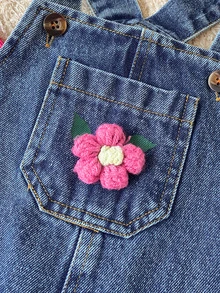 SHEIN Vintaside Kids 2pcs Toddler Girl Top Denim Overalls Cute Sweet Pink Blue 3D Flower Ruffle Flutter Long Sleeve Round Neck Regular Party Fall Elegant Chic Patch - Hot Pink - View 3