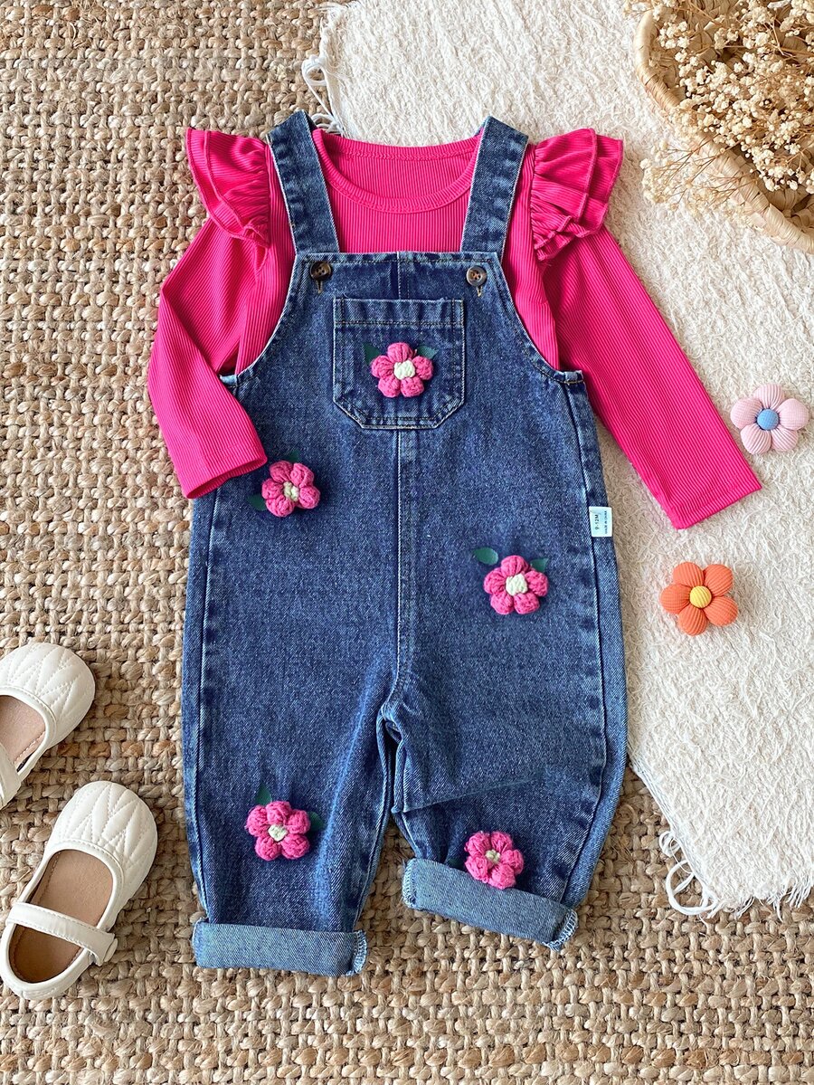 SHEIN Vintaside Kids 2pcs Toddler Girl Top Denim Overalls Cute Sweet Pink Blue 3D Flower Ruffle Flutter Long Sleeve Round Neck Regular Party Fall Elegant Chic Patch - Hot Pink - View 1