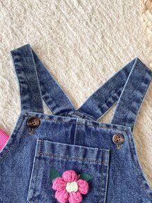 SHEIN Vintaside Kids 2pcs Toddler Girl Top Denim Overalls Cute Sweet Pink Blue 3D Flower Ruffle Flutter Long Sleeve Round Neck Regular Party Fall Elegant Chic Patch - Hot Pink - View 6