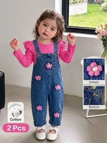 SHEIN Vintaside Kids 2pcs Toddler Girl Top Denim Overalls Cute Sweet Pink Blue 3D Flower Ruffle Flutter Long Sleeve Round Neck Regular Party Fall Elegant Chic Patch - Hot Pink - View 8
