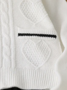 SHEIN 女童秋冬時尚愛心蝴蝶結針織長袖開襟毛衣搭配黑色裙子套裝 - 米色 - 查看 6