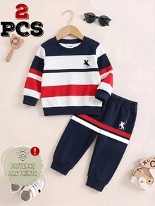 SHEIN 2pcs Baby Boys Sweatshirt Set Casual Navy Colorblock Striped Horse Print Long Sleeve Crew Neck Fall Outfits Back To School Winter Clothes - Multicolor - View 4