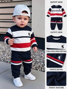 SHEIN 2pcs Baby Boys Sweatshirt Set Casual Navy Colorblock Striped Horse Print Long Sleeve Crew Neck Fall Outfits Back To School Winter Clothes - Multicolor - View 1