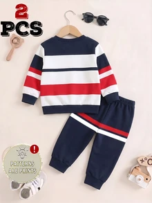 SHEIN 2pcs Baby Boys Sweatshirt Set Casual Navy Colorblock Striped Horse Print Long Sleeve Crew Neck Fall Outfits Back To School Winter Clothes - Multicolor - View 2