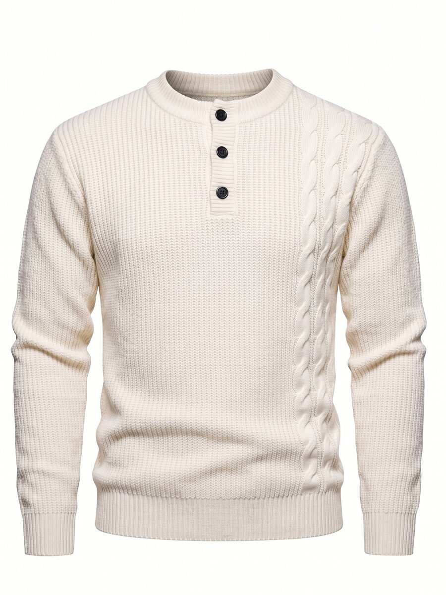 Manfinity CasualKnits 男士半高領長袖套頭毛衣，休閒針織秋冬服飾，米色寬鬆時尚通勤穿搭，簡約百搭麻花編織套頭毛衣