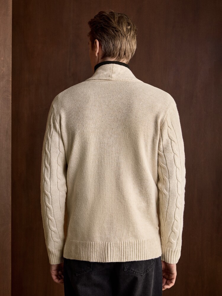 Manfinity Homme Áo cardigan len nam cổ bẻ tay dài, áo len dệt kim dáng rộng màu yến mạch, phong cách thời trang đi làm thường ngày, đa năng, phù hợp mùa thu/đông - Màu be - Xem 5