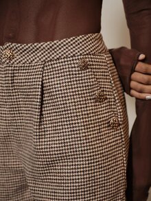 Aveloria Modichic Women's Tweed Textured Fabric High Waist A-Line Shorts With Side Button Metal Decor Front Pleat Vintage Elegant Houndstooth Brown Checkered - Multicolor - View 1