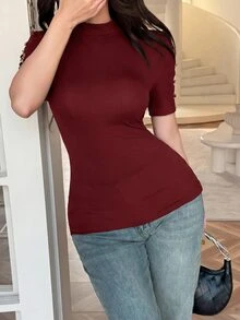 Feyla Women's Elegant Hollow Sleeve Metal Button Decorated T-Shirt, Daily Wear - Burgundy - View 4