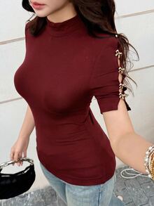 Feyla Women's Elegant Hollow Sleeve Metal Button Decorated T-Shirt, Daily Wear - Burgundy - View 2