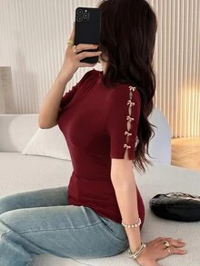 Feyla Women's Elegant Hollow Sleeve Metal Button Decorated T-Shirt, Daily Wear - Burgundy - View 5