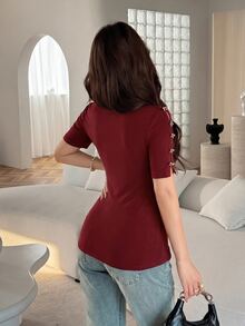 Feyla Women's Elegant Hollow Sleeve Metal Button Decorated T-Shirt, Daily Wear - Burgundy - View 6