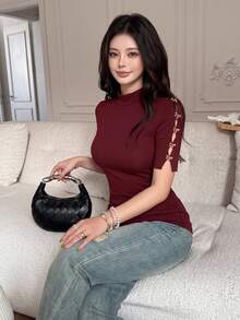 Feyla Women's Elegant Hollow Sleeve Metal Button Decorated T-Shirt, Daily Wear - Burgundy - View 1
