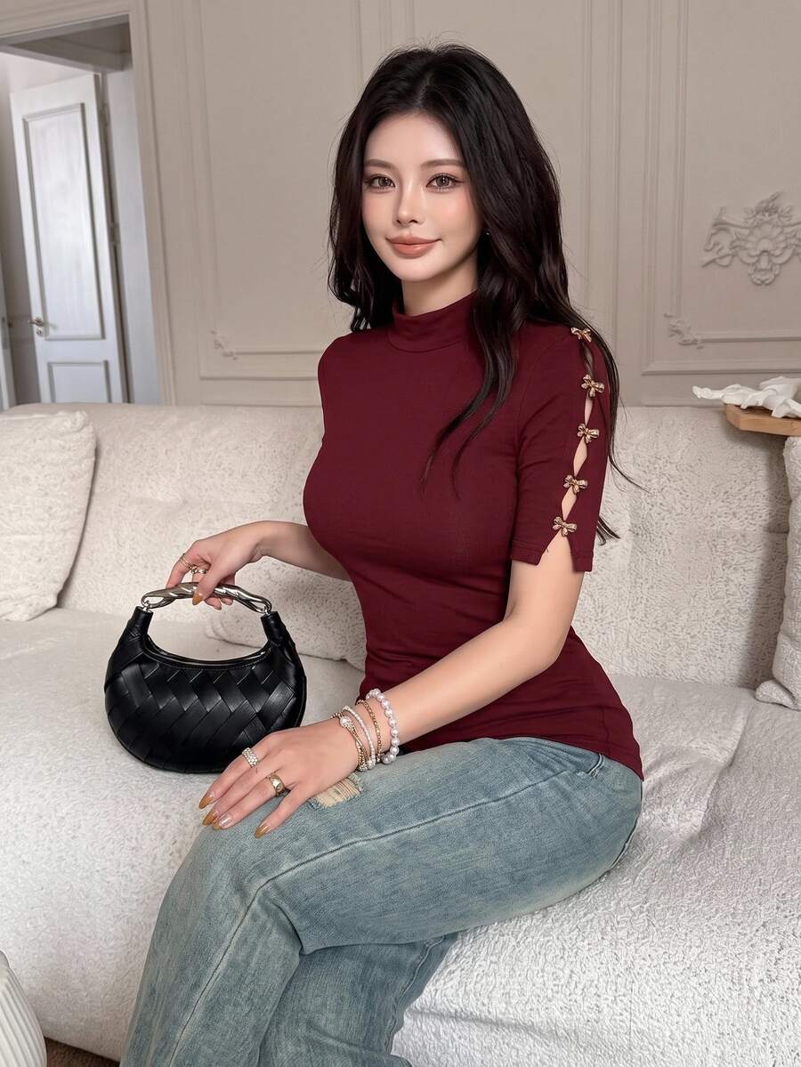 Feyla Women's Elegant Hollow Sleeve Metal Button Decorated T-Shirt, Daily Wear - Burgundy - View 1