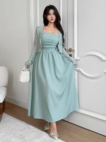 Feyla 女款長袖開襟上衣與百褶吊帶洋裝優雅浪漫兩件套 度假鼠尾草綠秋季早午餐 - 薄荷藍 - 查看 5