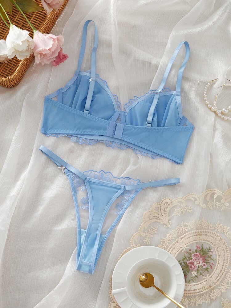 Crystal Vow 2 Pcs Blue Retro Sexy Lingerie Set For Women - Blue - View 2