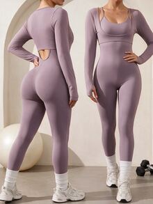 Easithlete Women's Purple 2 In 1 Long Sleeve Back Hollow Out Fashion Sports Jumpsuit - Purple - View 5