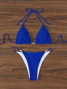 SHEIN Swim 純色紋理坦克尼比基尼泳衣，適合海灘/度假村夏季海邊度假 - 寶藍色 - 查看 5