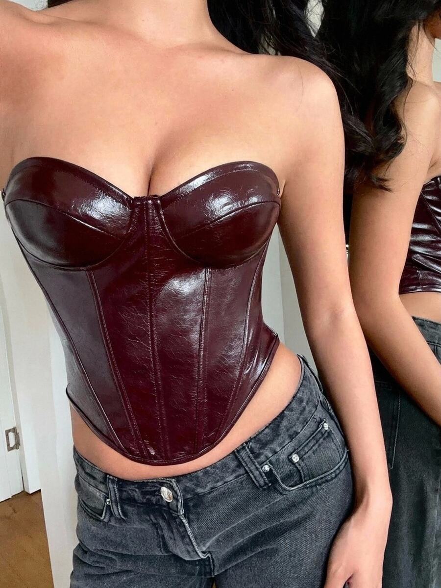 Aloruh Women's Sexy Burgundy PU Bustier Top, Suitable For Party, Dating - Burgundy - View 1