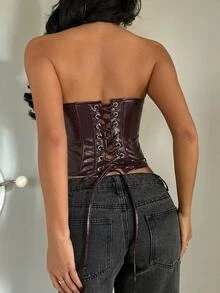 Aloruh Women's Sexy Burgundy PU Bustier Top, Suitable For Party, Dating - Burgundy - View 2