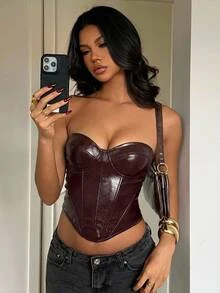 Aloruh Women's Sexy Burgundy PU Bustier Top, Suitable For Party, Dating - Burgundy - View 5