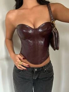 Aloruh Women's Sexy Burgundy PU Bustier Top, Suitable For Party, Dating - Burgundy - View 7