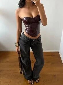 Aloruh Women's Sexy Burgundy PU Bustier Top, Suitable For Party, Dating - Burgundy - View 8