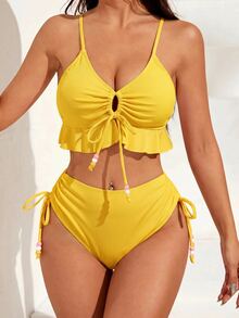 SHEIN Swim Vacation Beach Solid Color Two-Piece Swimwear Set - Yellow - View 8