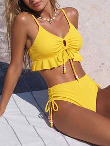 SHEIN Swim Vacation Beach Solid Color Two-Piece Swimwear Set - Yellow - View 3