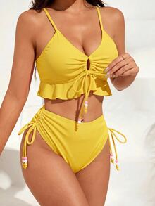 SHEIN Swim Vacation Beach Solid Color Two-Piece Swimwear Set - Yellow - View 4