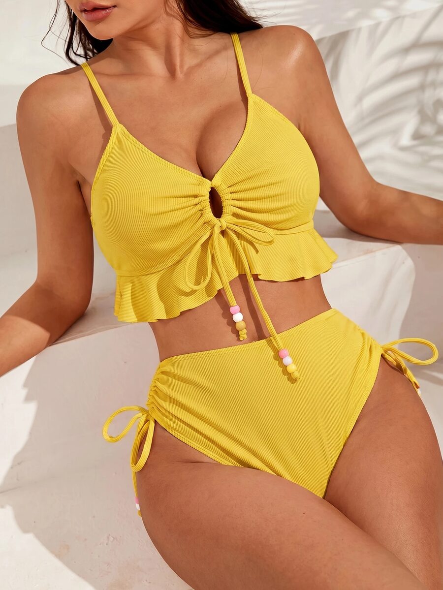 SHEIN Swim Vacation Beach Solid Color Two-Piece Swimwear Set - Yellow - View 1