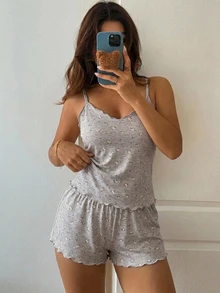 DAZY 甜美碎花無袖背心上衣與短款睡褲 2 件組女款睡衣 - 淺灰色 - 查看 4