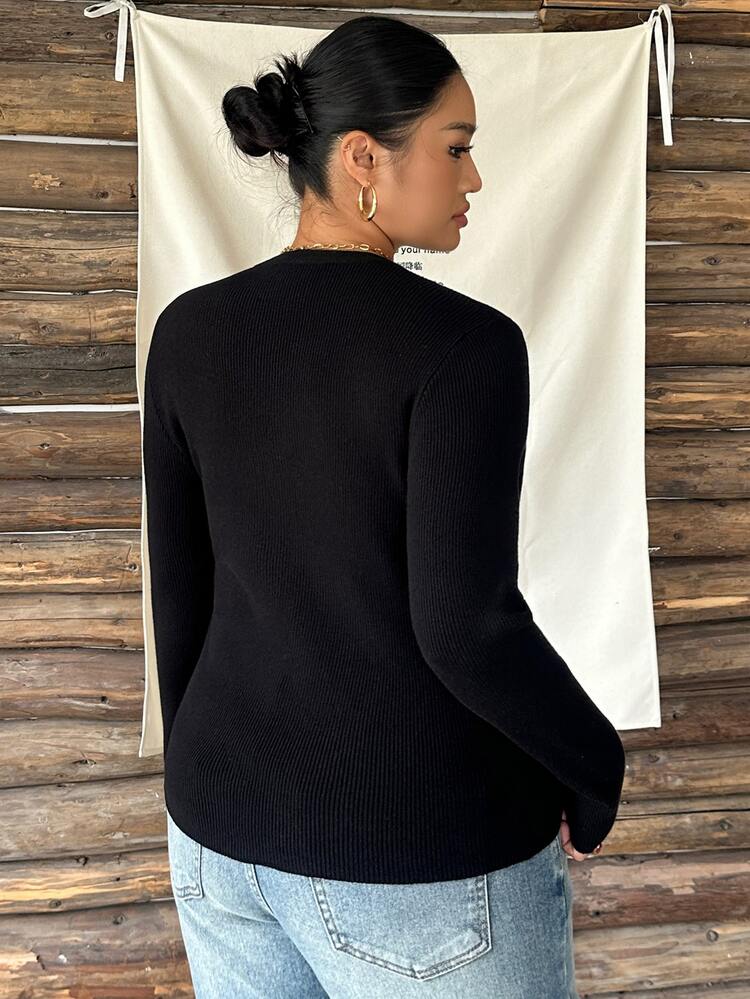 Dazy Plus Solid Color Fitted Casual Versatile Spring Autumn Winter Black Long Sleeve Pullover Sweater - Black - View 7