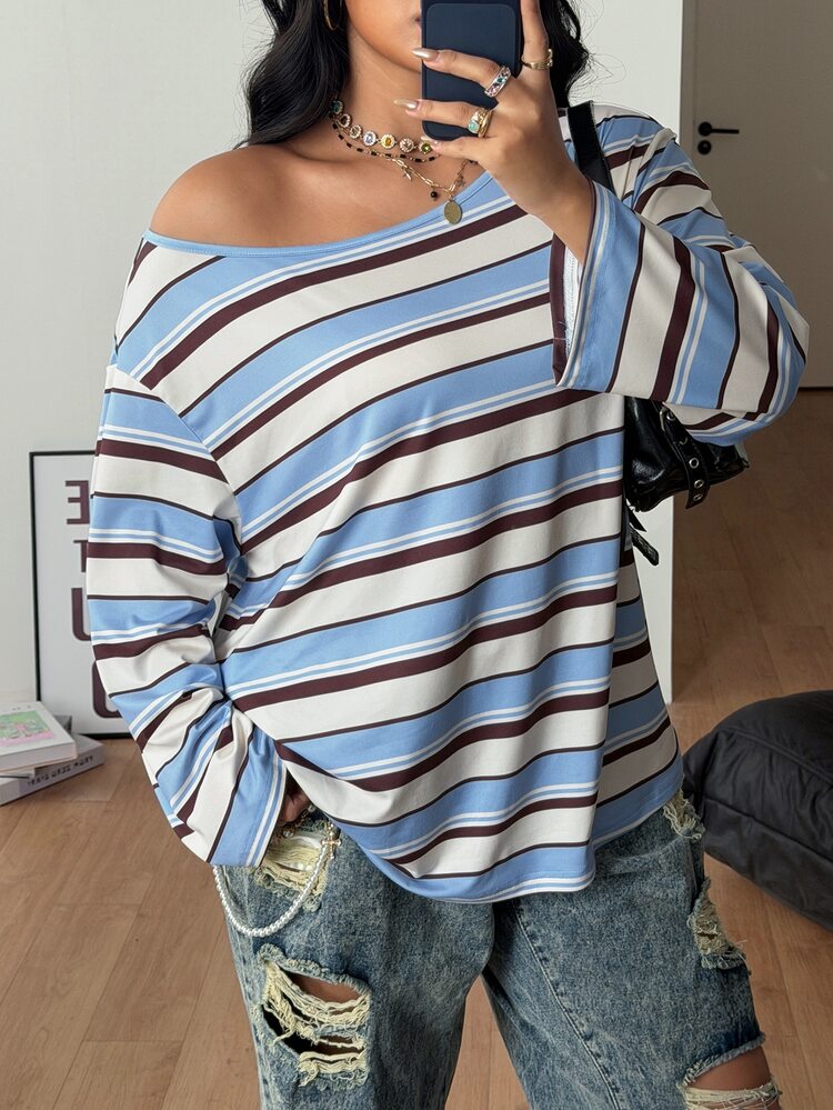 Coolane Women's Plus Size Fall Winter Streetwear Y2K Casual Elegant Oversize Blue White Stripe Asymmetrical Neck Knit Open Shoulder Long Sleeve T-Shirt - Blue - View 6