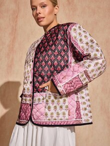 Bóhologie Women's Pink And White Patchwork Quilted Jacket, Collarless Snap-Button Boho Casual Vintage Coat, Autumn Outerwear Everyday Travel - Multicolor - View 6
