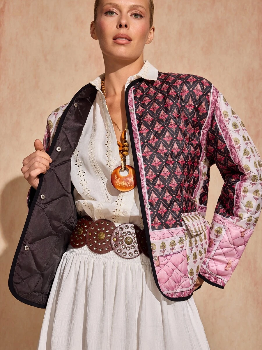 Bóhologie Women's Pink And White Patchwork Quilted Jacket, Collarless Snap-Button Boho Casual Vintage Coat, Autumn Outerwear Everyday Travel - Multicolor - View 1