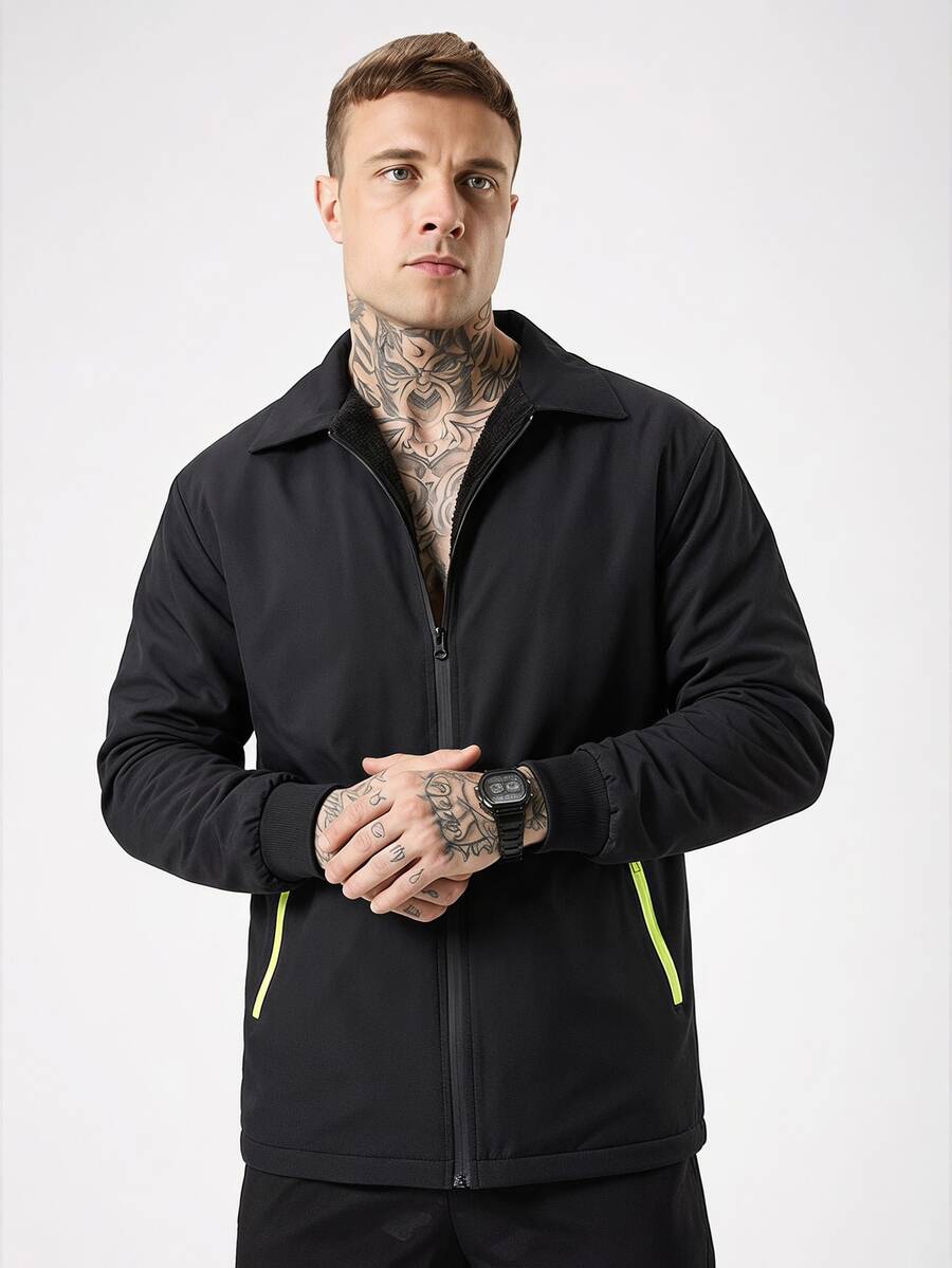 Gym Rark Boyfriend Style Men's Zipper Pocket Long Sleeve Padded Coat, Autumn Sports Outerwear - Black - View 1