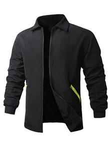 Gym Rark Boyfriend Style Men's Zipper Pocket Long Sleeve Padded Coat, Autumn Sports Outerwear - Black - View 7