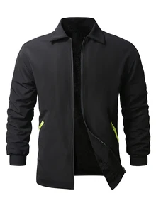 Gym Rark Boyfriend Style Men's Zipper Pocket Long Sleeve Padded Coat, Autumn Sports Outerwear - Black - View 6
