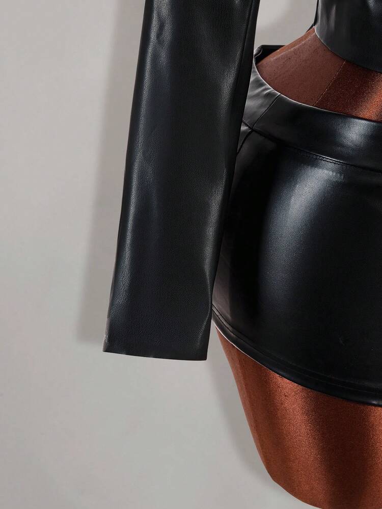 SHEIN ICON 女款 PU 上衣，修身與寬鬆設計，性感前衛，適合休閒穿著，PU 皮革長袖，背後綁帶與腰部細節 - 黑色 - 查看 7