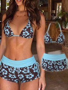 SHEIN Swim Baju Renang Wanita Dua Potong Motif Bunga Blok Warna Pink dan Cokelat Lembut, Tali Leher Gantung, Bikini, Menutupi Lemak, Mencegah Terbukanya Bagian Tubuh, Fl - MultiWarna - View 2