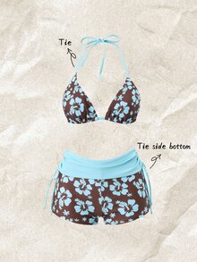 SHEIN Swim Baju Renang Wanita Dua Potong Motif Bunga Blok Warna Pink dan Cokelat Lembut, Tali Leher Gantung, Bikini, Menutupi Lemak, Mencegah Terbukanya Bagian Tubuh, Fl - MultiWarna - View 1