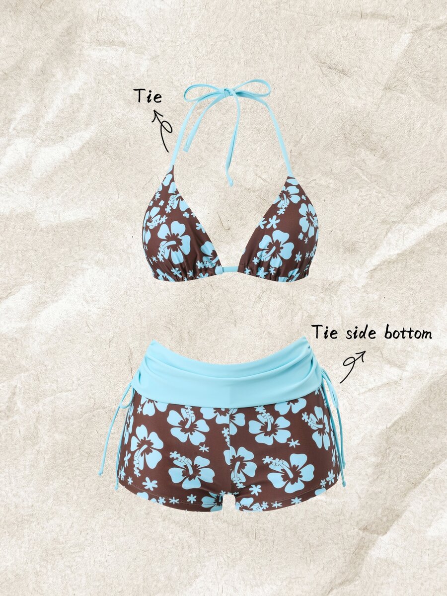 SHEIN Swim Baju Renang Wanita Dua Potong Motif Bunga Blok Warna Pink dan Cokelat Lembut, Tali Leher Gantung, Bikini, Menutupi Lemak, Mencegah Terbukanya Bagian Tubuh, Fl - MultiWarna - View 1