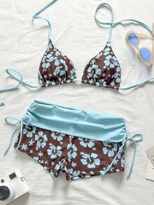 SHEIN Swim Baju Renang Wanita Dua Potong Motif Bunga Blok Warna Pink dan Cokelat Lembut, Tali Leher Gantung, Bikini, Menutupi Lemak, Mencegah Terbukanya Bagian Tubuh, Fl - MultiWarna - View 4
