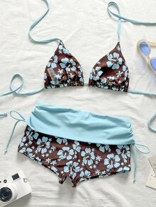 SHEIN Swim Baju Renang Wanita Dua Potong Motif Bunga Blok Warna Pink dan Cokelat Lembut, Tali Leher Gantung, Bikini, Menutupi Lemak, Mencegah Terbukanya Bagian Tubuh, Fl - MultiWarna - View 3