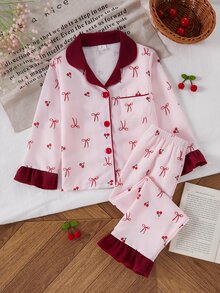 SHEIN Sweet Style Cherry & Bow Print Long Sleeve Cardigan And Pants 2 Pieces Set, Casual Comfortable Loungewear For Young Girl - Multicolor - View 5